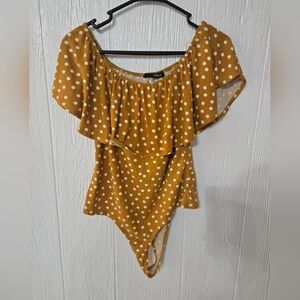Minette Women's XL Ruffle Sleeveless Bodysuit Casual Polka Dot Yellow Stretch
